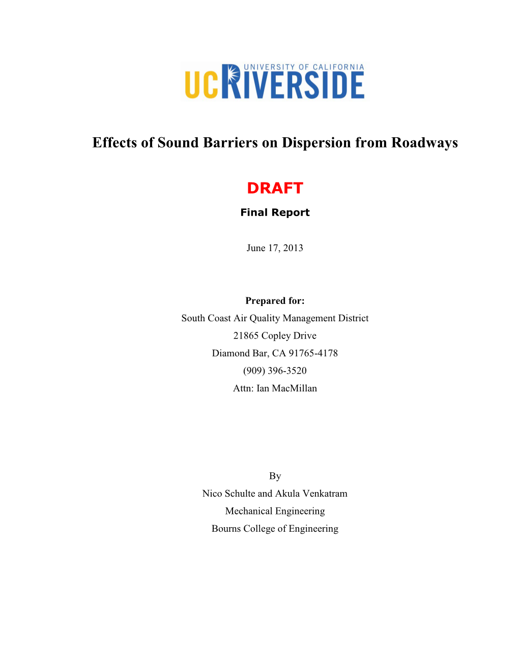 Effects of Sound Barriers on Dispersion from Roadways DRAFT