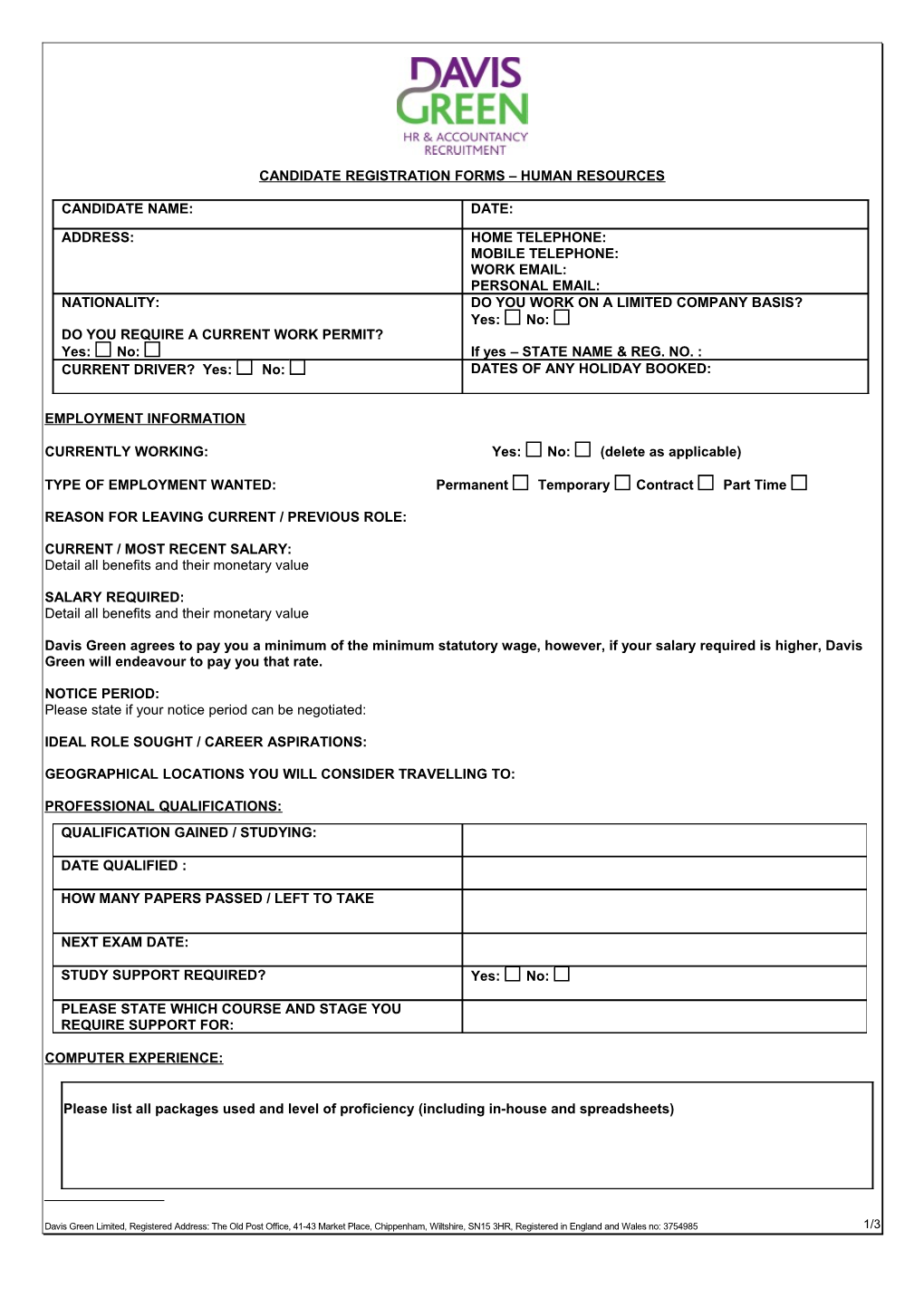 Candidate Registration Forms Human Resources