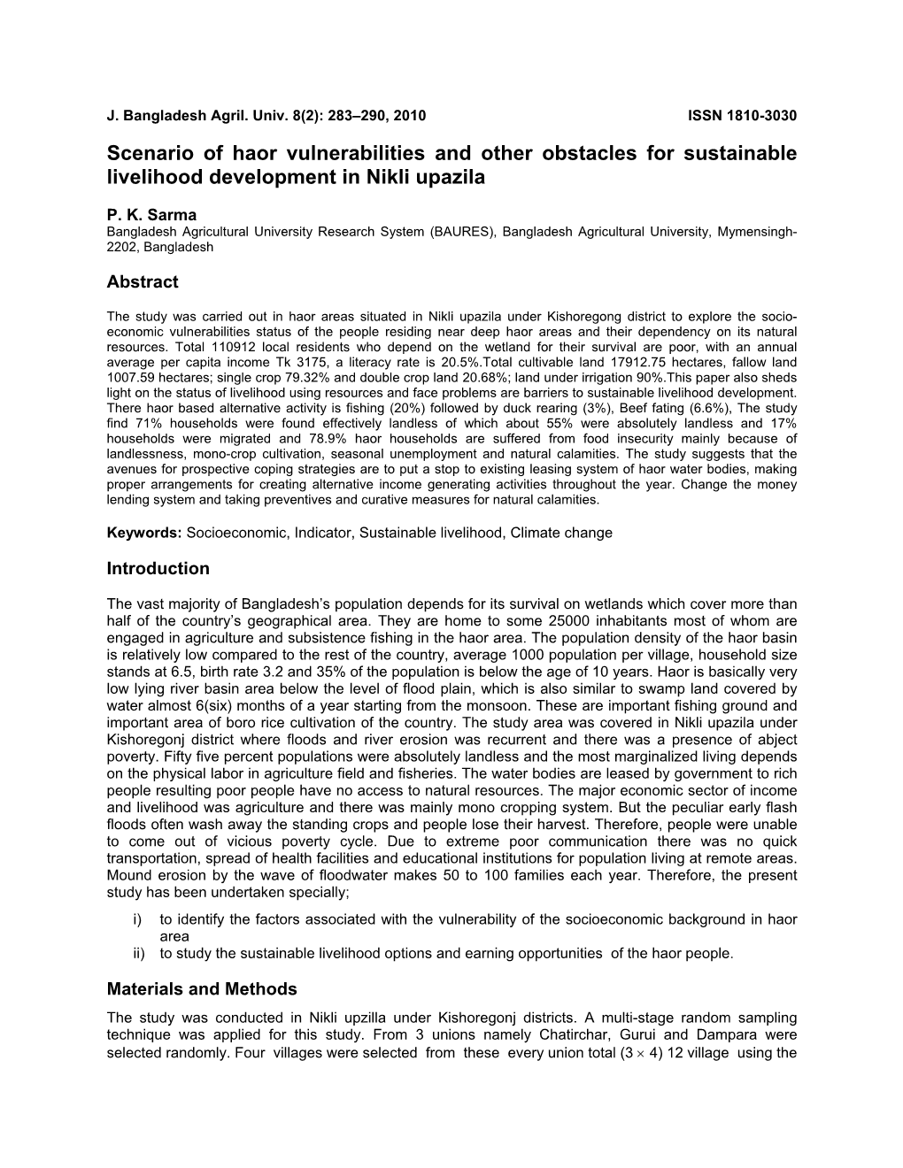 Scenario of Haor Vulnerabilities and Other Obstacles for Sustainable Livelihood Development in Nikli Upazila