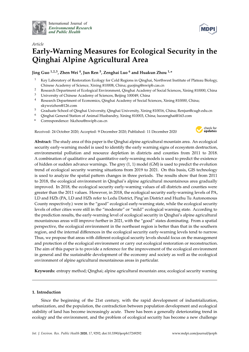 Early-Warning Measures for Ecological Security in the Qinghai Alpine Agricultural Area