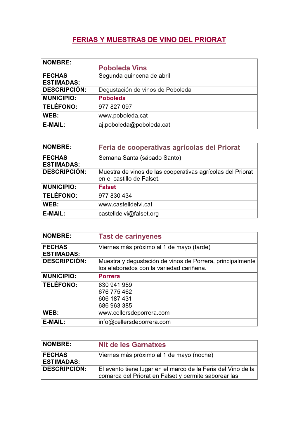 FERIAS Y MUESTRAS DE VINO DEL PRIORAT Poboleda Vins Feria De Cooperativas Agrícolas Del Priorat Tast De Carinyenes Nit De Les G