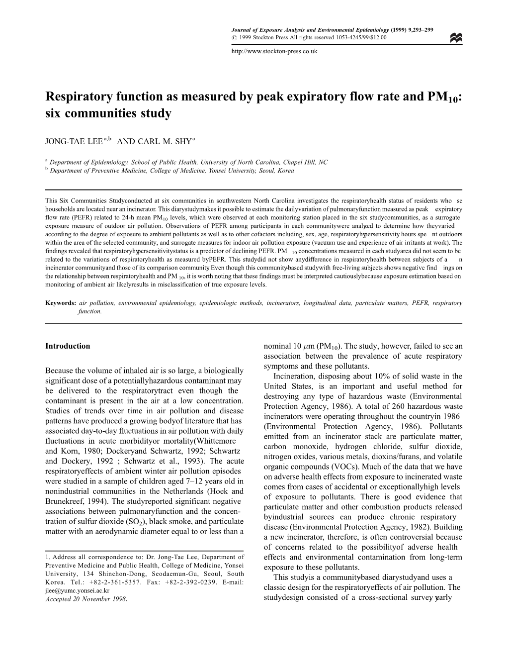 Respiratory Function As Measured by Peak Expiratory Flow Rate and PM10: Six Communities Study