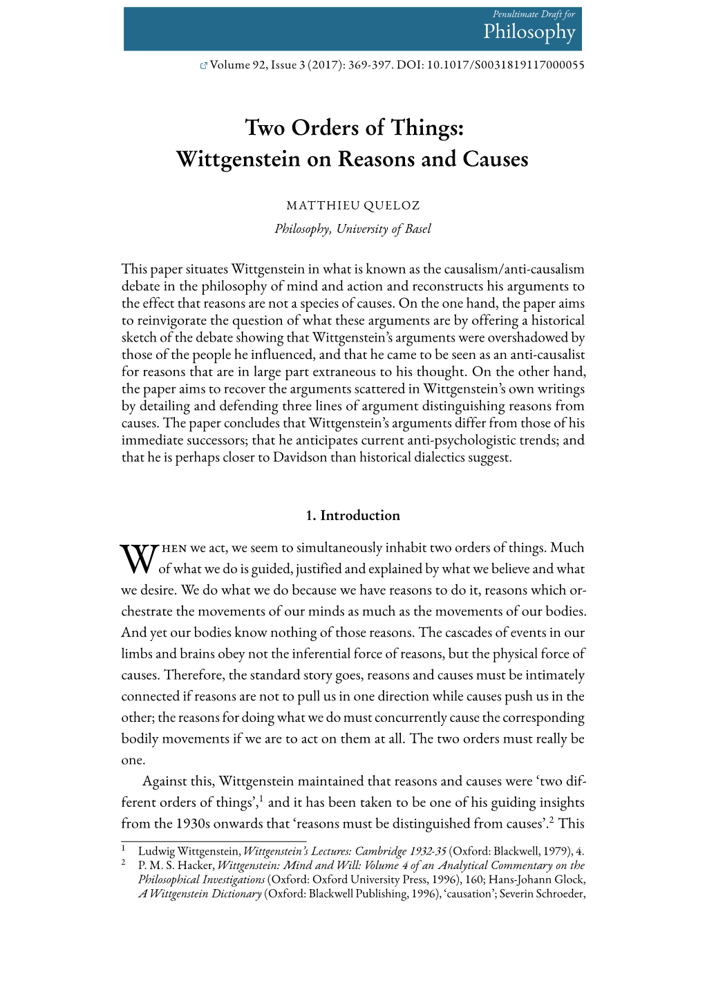 Wittgenstein on Reasons and Causes