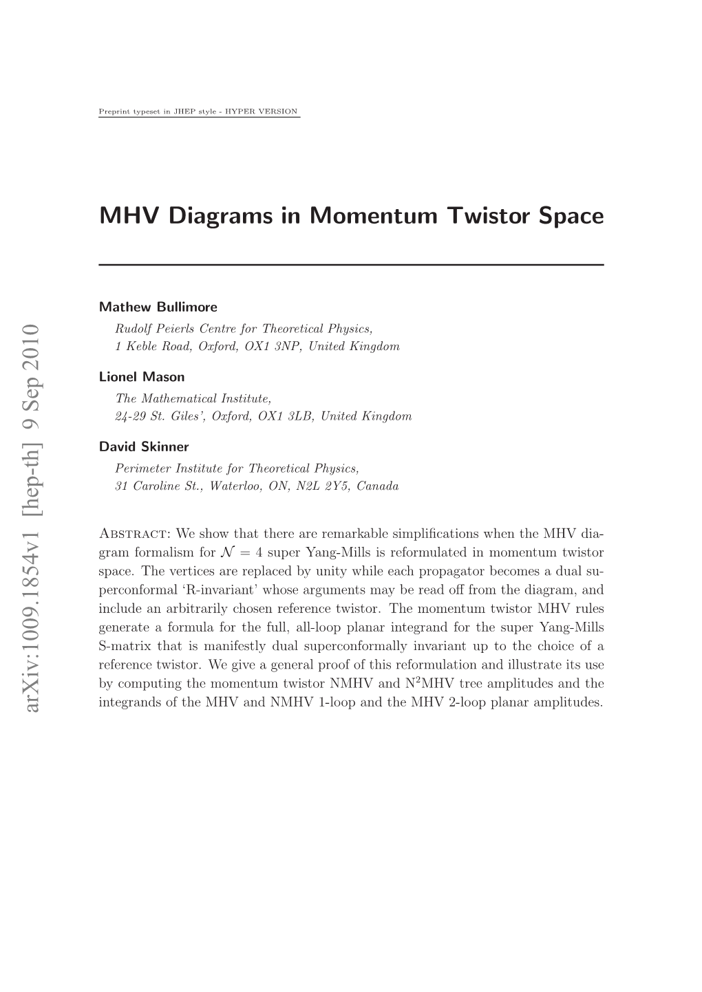 MHV Diagrams in Momentum Twistor Space Arxiv:1009.1854V1