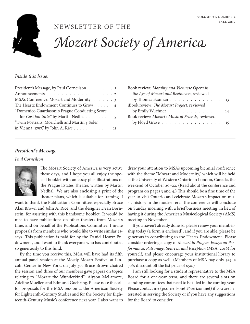 Fall 2017 NEWSLETTER of the Mozart Society of America