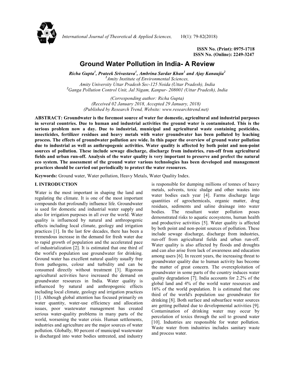 Ground Water Pollution in India- a Review