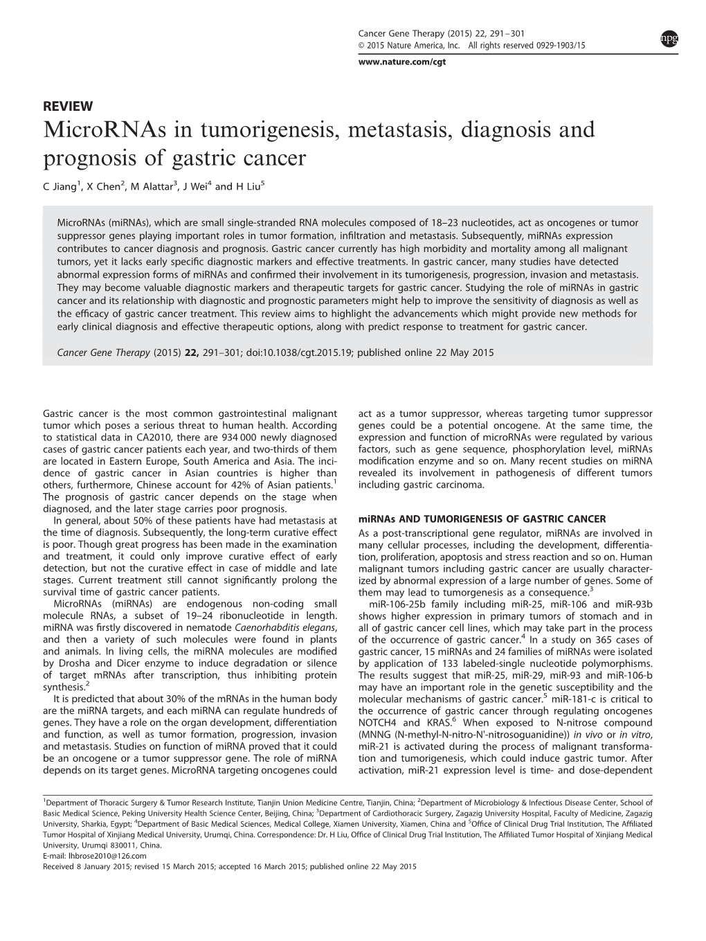 Micrornas in Tumorigenesis, Metastasis, Diagnosis and Prognosis of Gastric Cancer