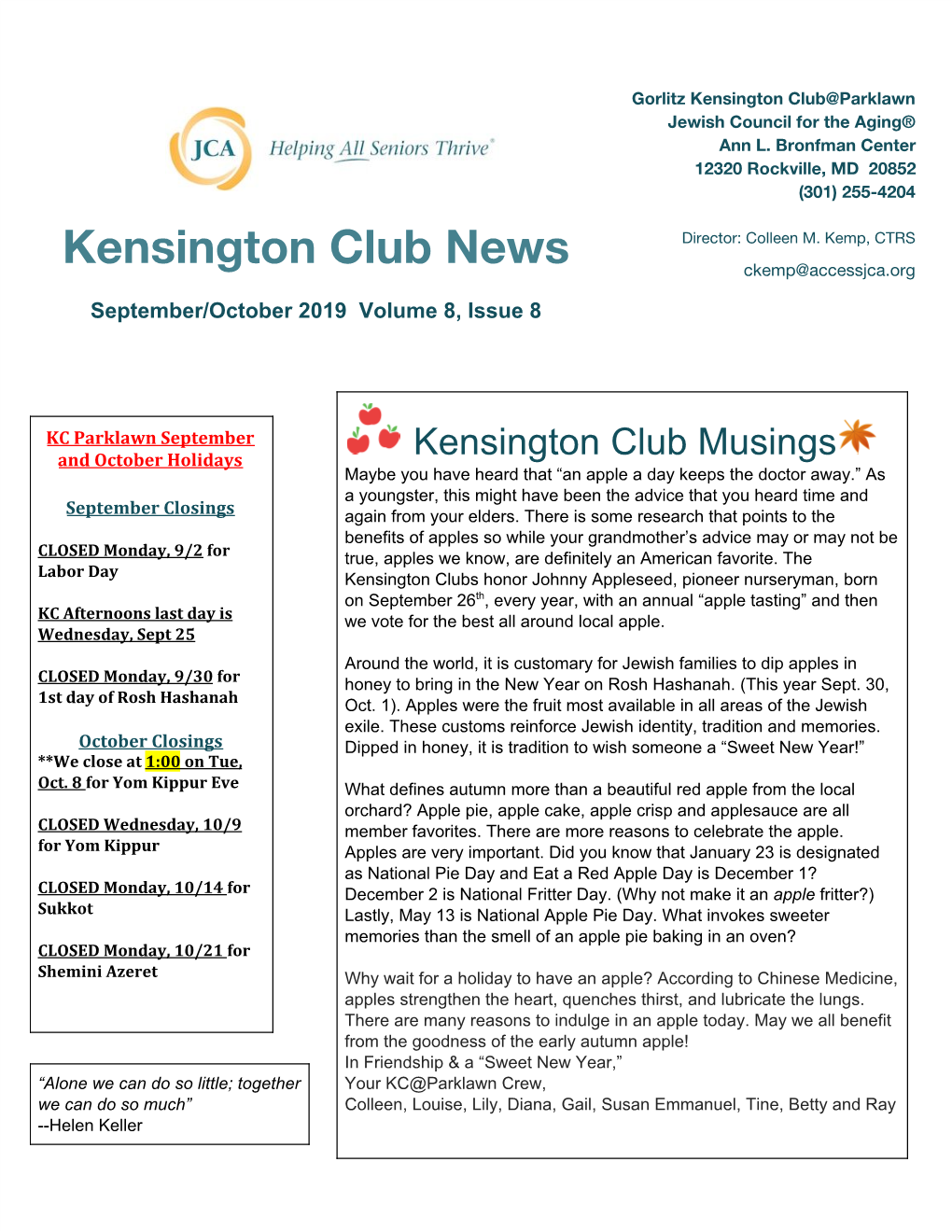 Kensington Club News Ckemp@Accessjca.Org September/October 2019 Volume 8, Issue 8