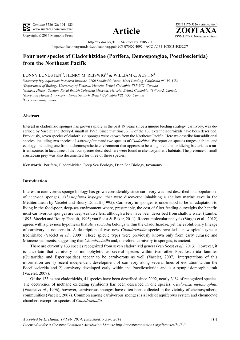 Four New Species of Cladorhizidae (Porifera, Demospongiae, Poecilosclerida) from the Northeast Pacific