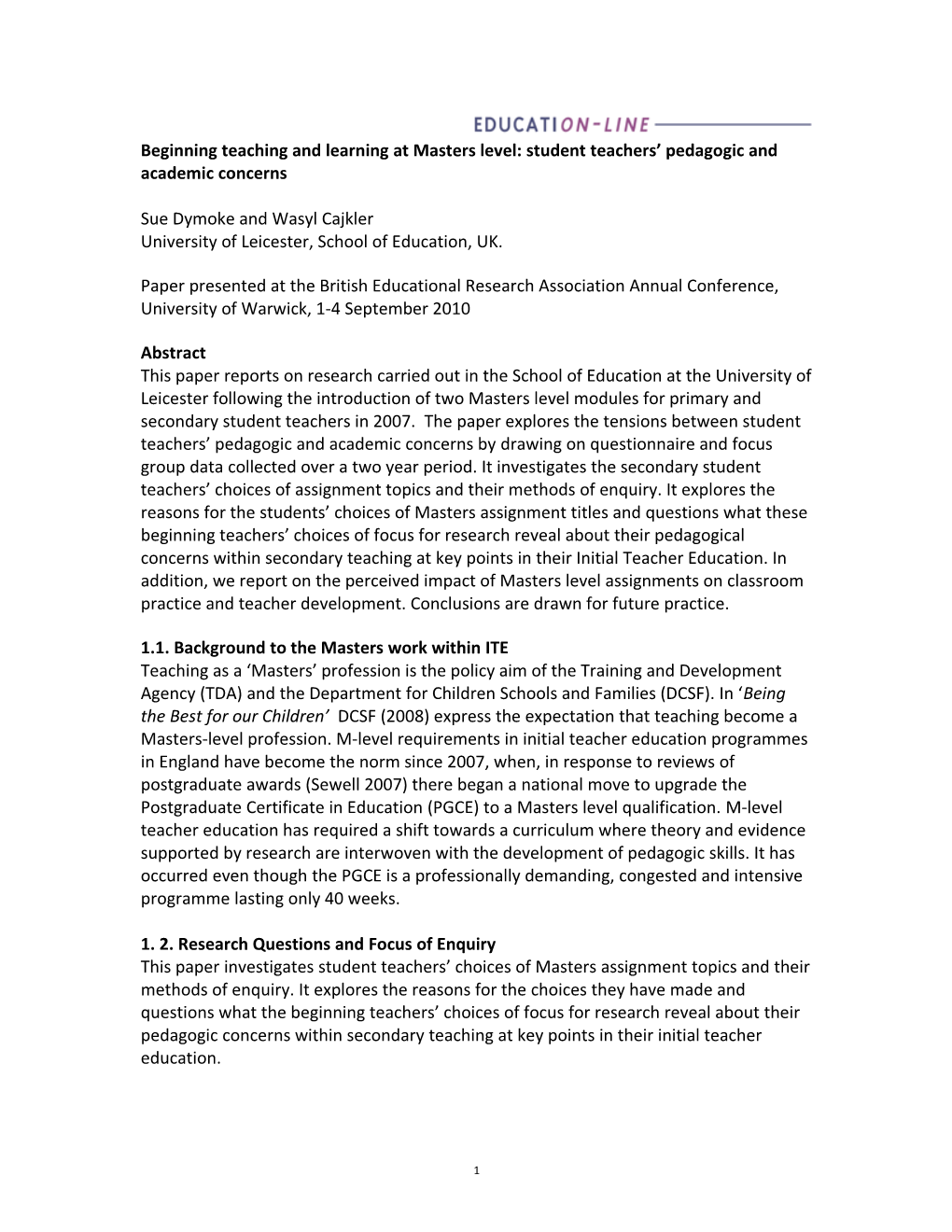 Title: Trainee Teachers' Acquiring Masters Level Qualifications: Addressing Tensions Between Their Pedagogic And Academic Conce