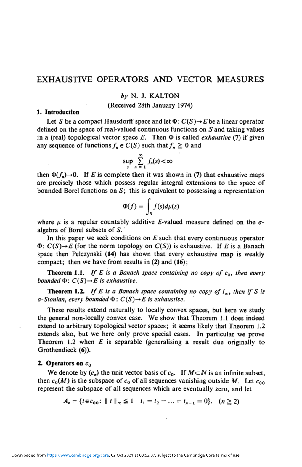 Exhaustive Operators and Vector Measures