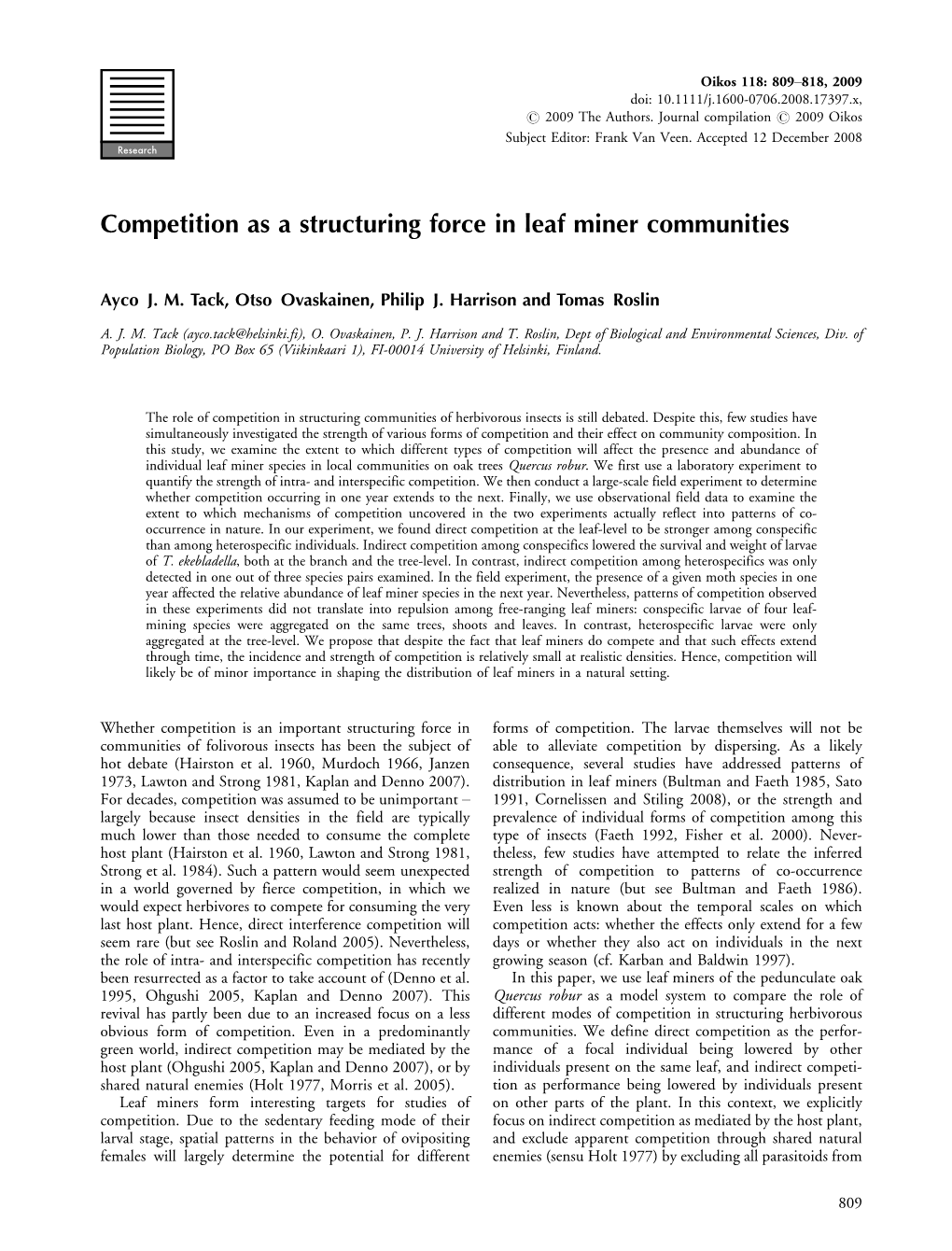 Competition As a Structuring Force in Leaf Miner Communities