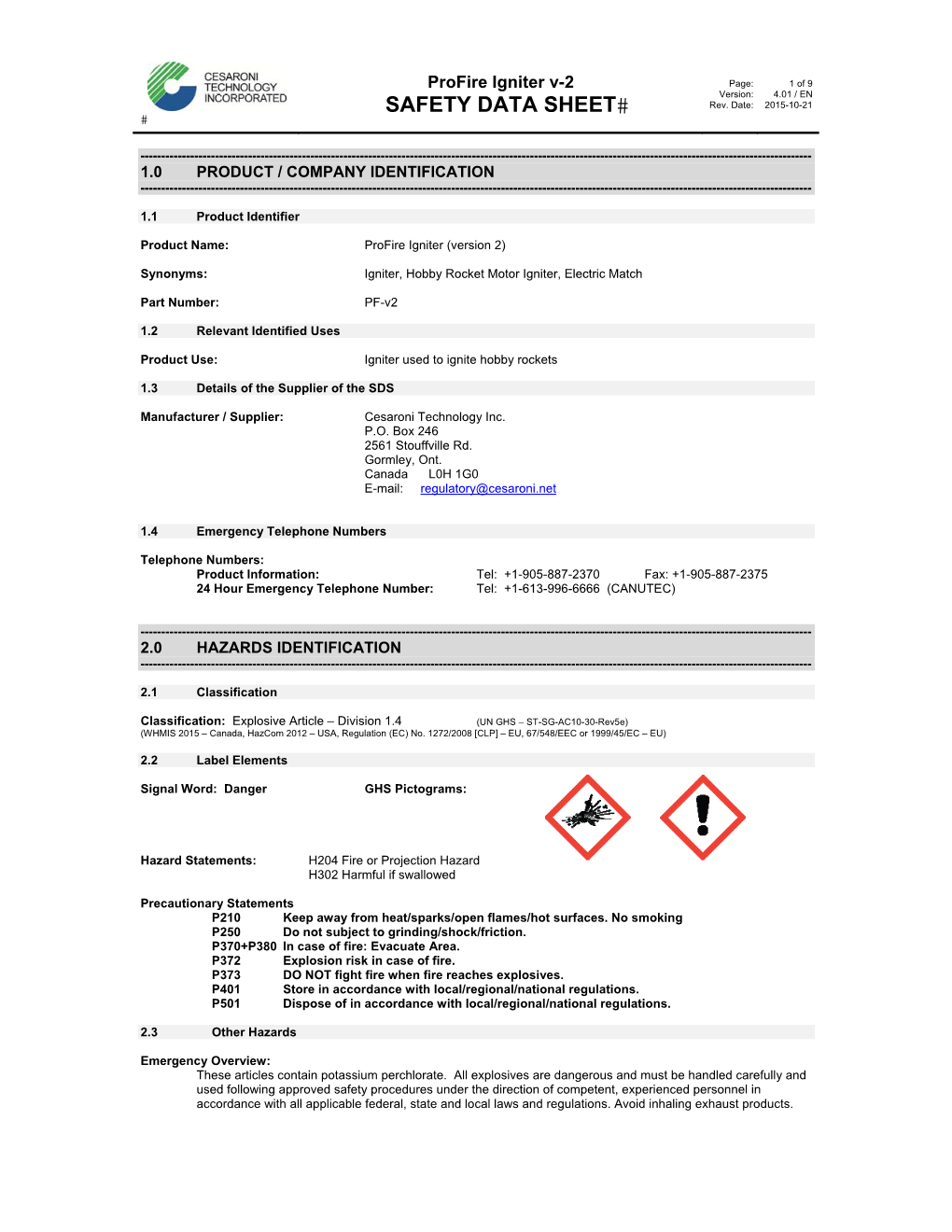 Profire Igniter Kit Safety Data Sheet