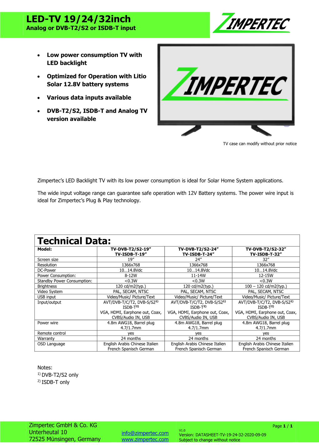 LED-TV 19/24/32Inch Technical Data