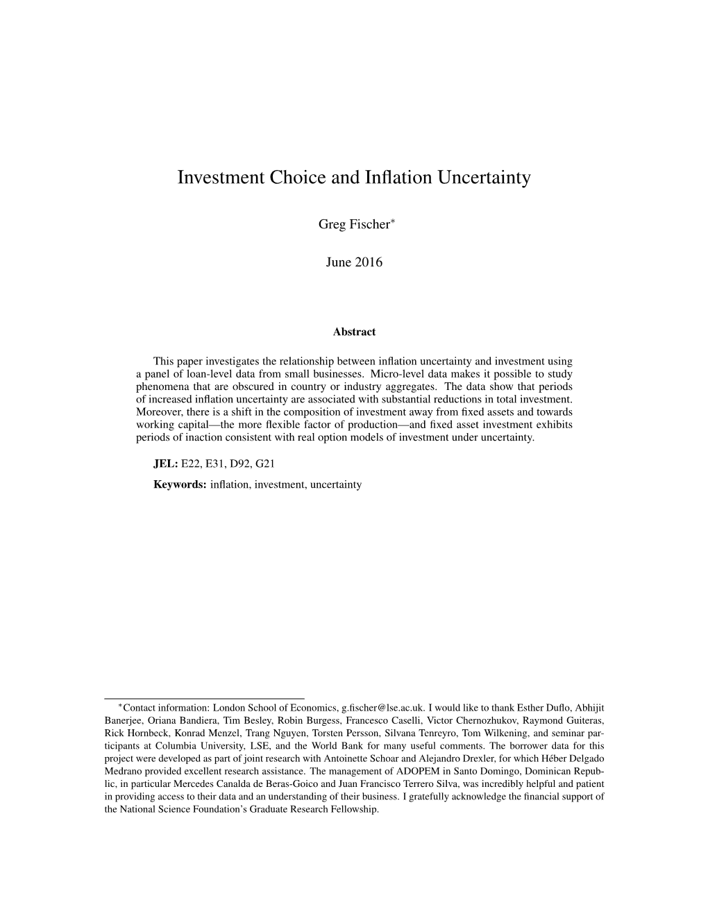 Investment Choice and Inflation Uncertainty