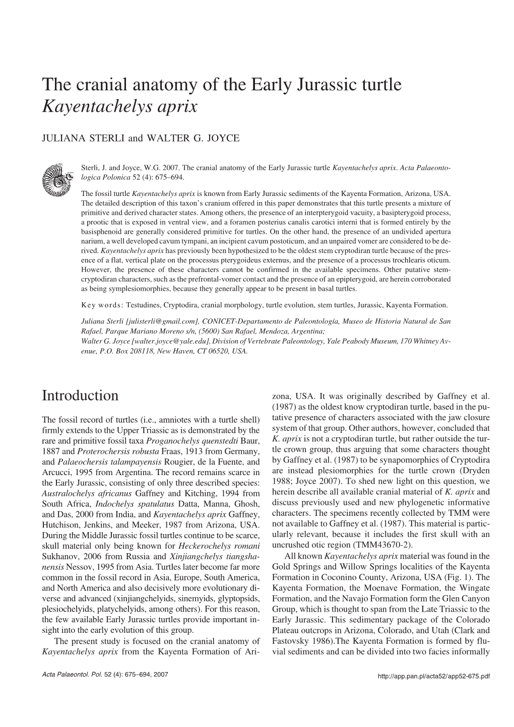 The Cranial Anatomy of the Early Jurassic Turtle Kayentachelys Aprix