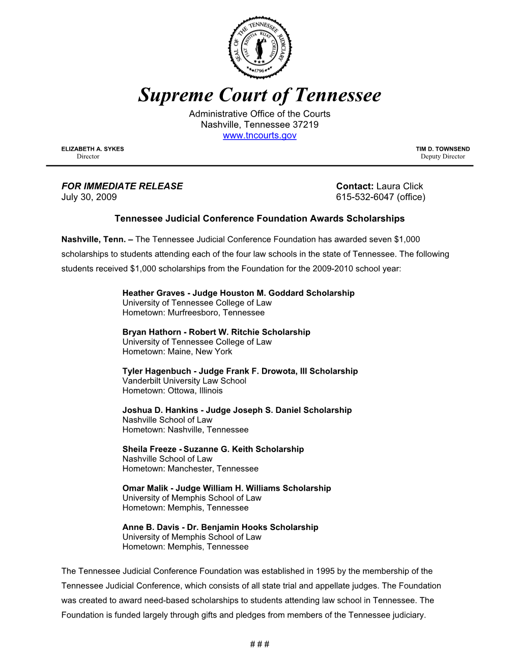 Supreme Court of Tennessee Administrative Office of the Courts Nashville, Tennessee 37219