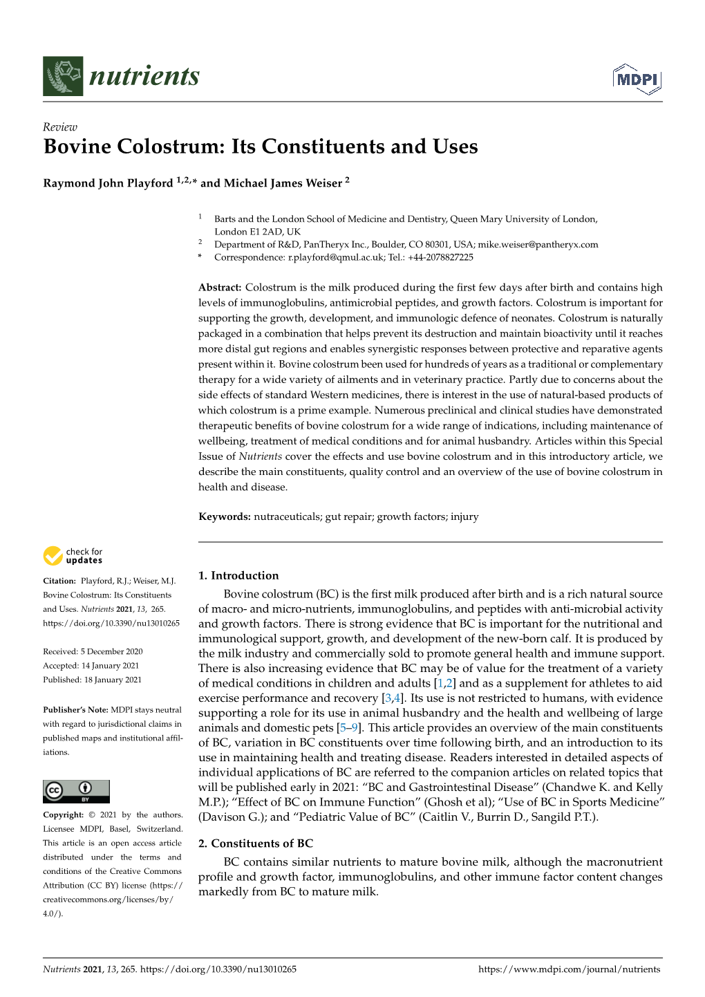 Bovine Colostrum: Its Constituents and Uses