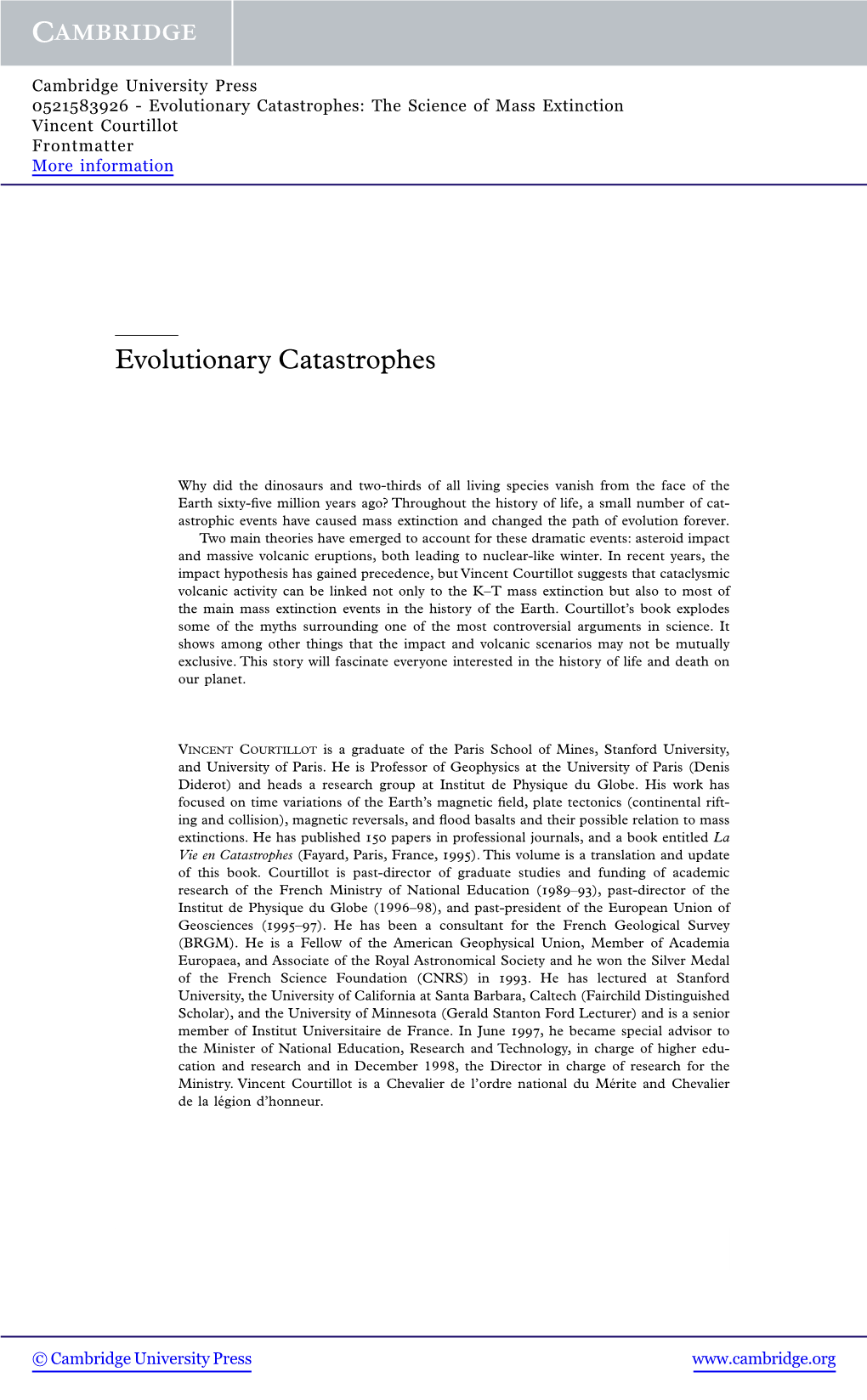 Evolutionary Catastrophes: the Science of Mass Extinction Vincent Courtillot Frontmatter More Information