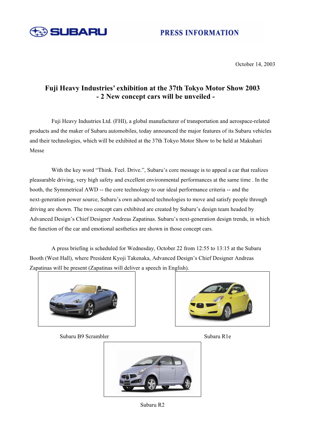 Fuji Heavy Industries' Exhibition at the 37Th Tokyo Motor Show 2003(PDF