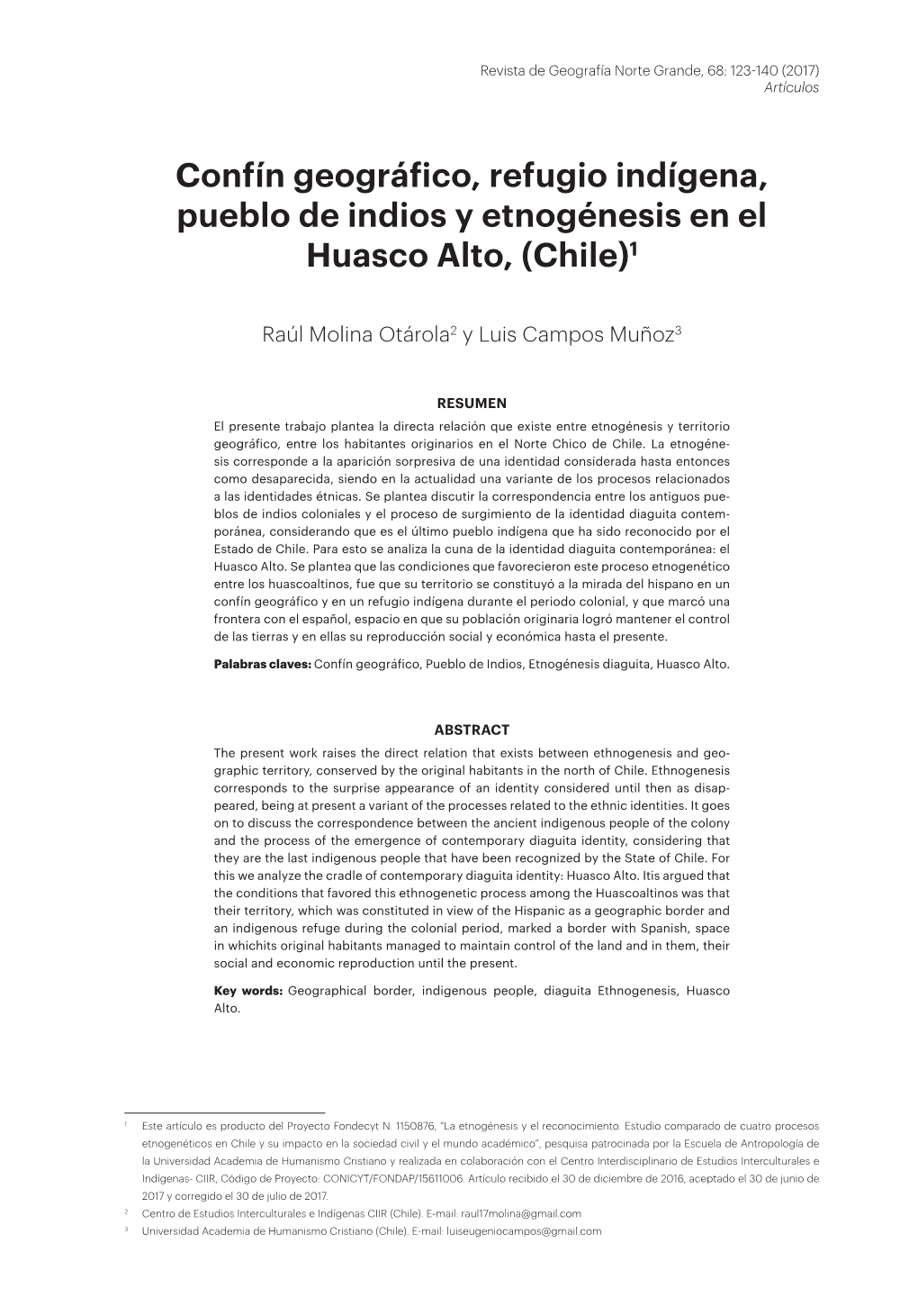 Confín Geográfico, Refugio Indígena, Pueblo De Indios Y Etnogénesis En El Huasco Alto, (Chile)1