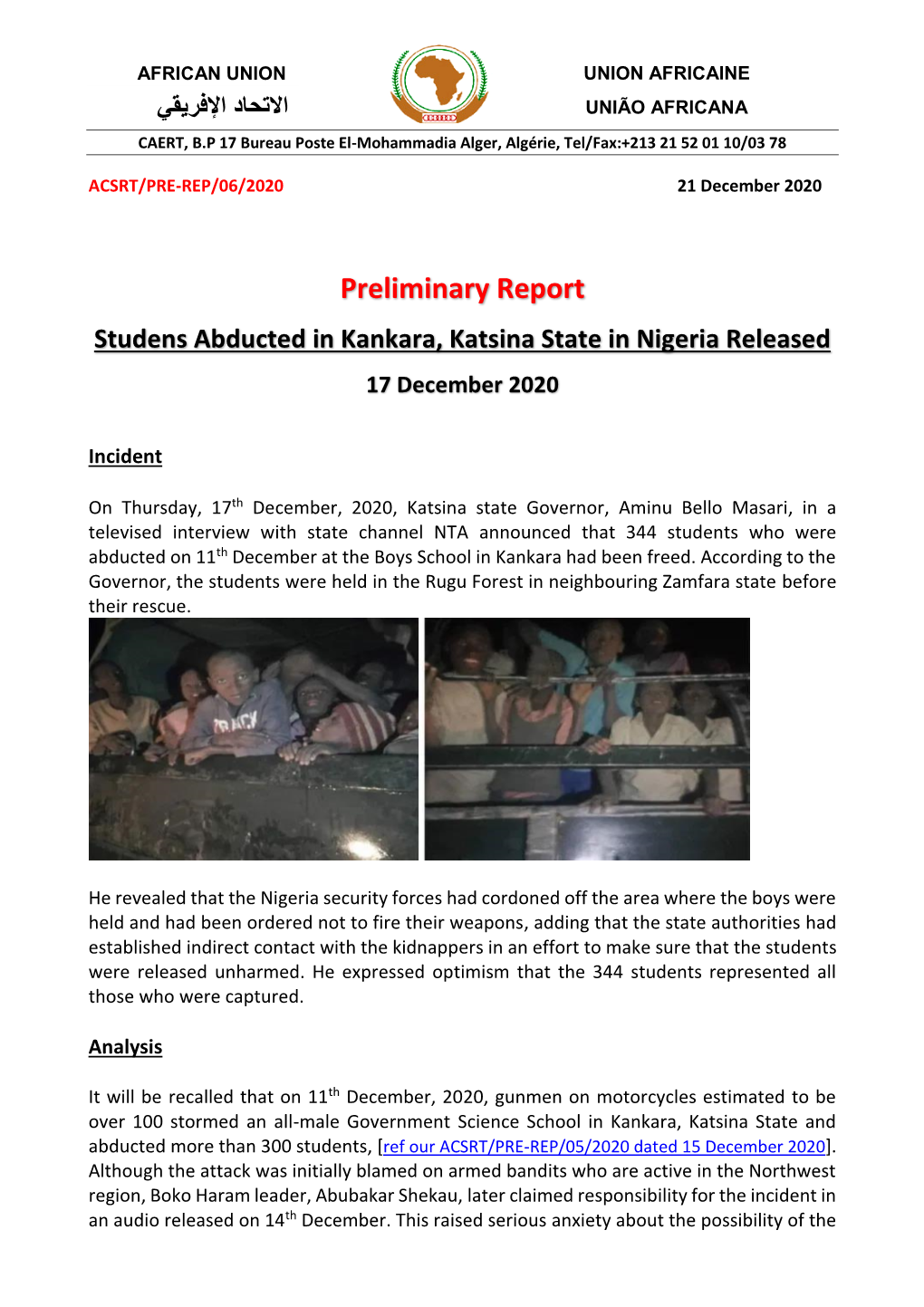 Preliminary Report Studens Abducted in Kankara, Katsina State in Nigeria Released 17 December 2020