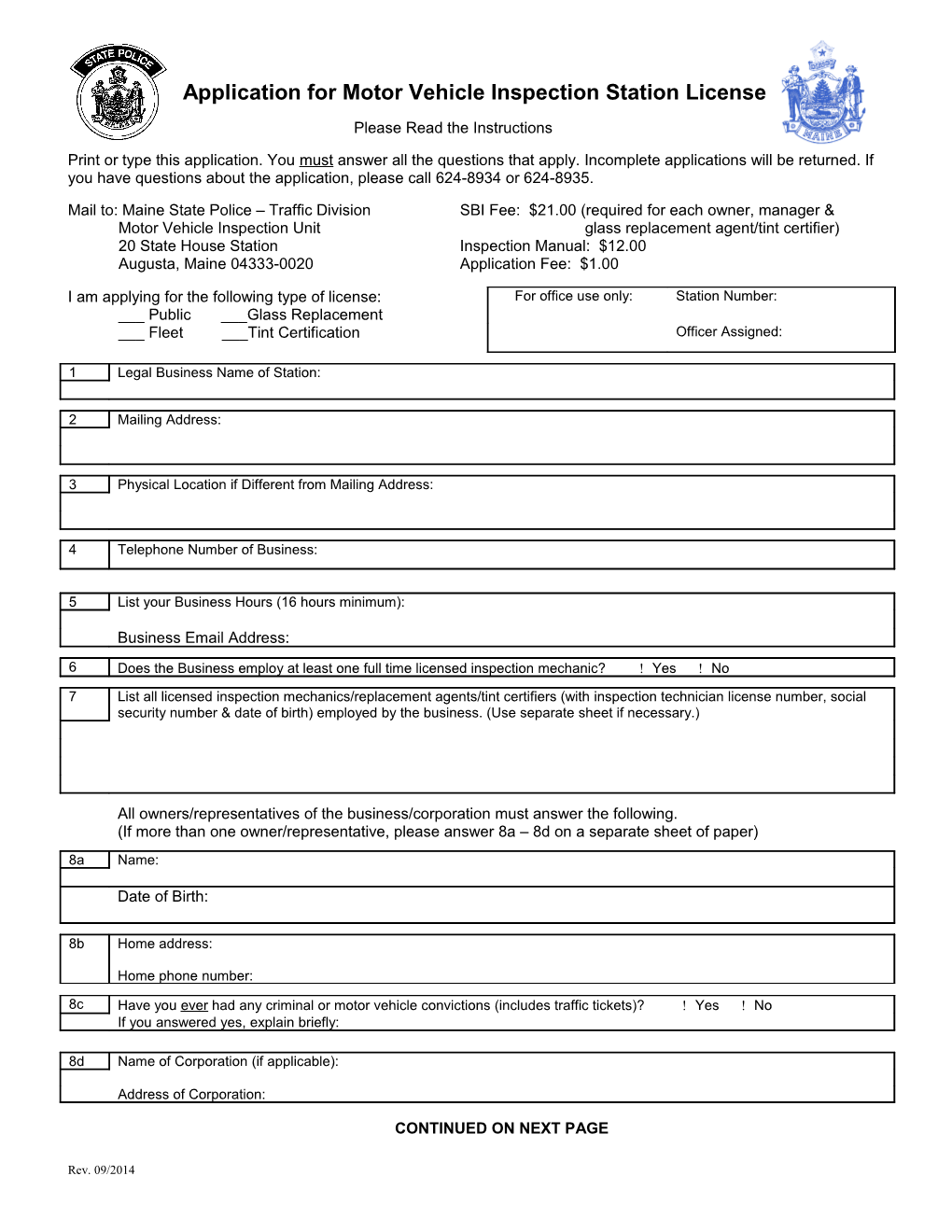 Application for Motor Vehicle Inspection Station License