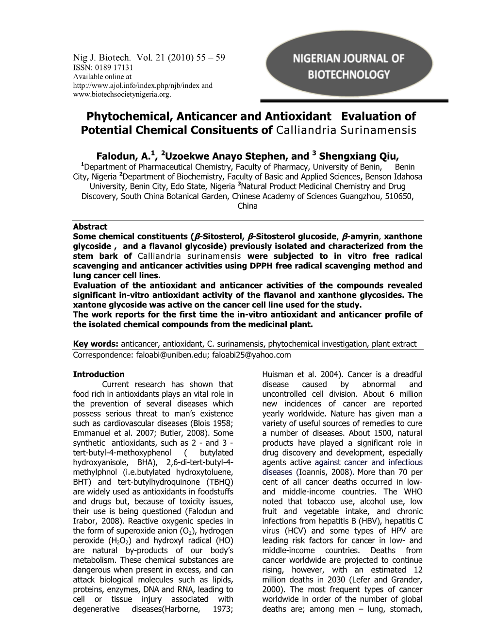 Phytochemical, Anticancer and Antioxidant Evaluation of Potential Chemical Consituents of Calliandria Surinamensis