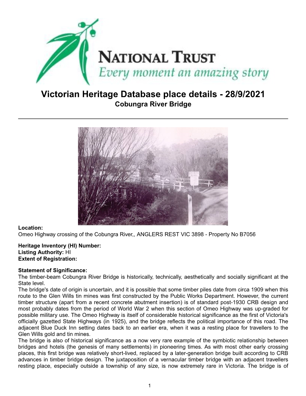 Victorian Heritage Database Place Details - 28/9/2021 Cobungra River Bridge