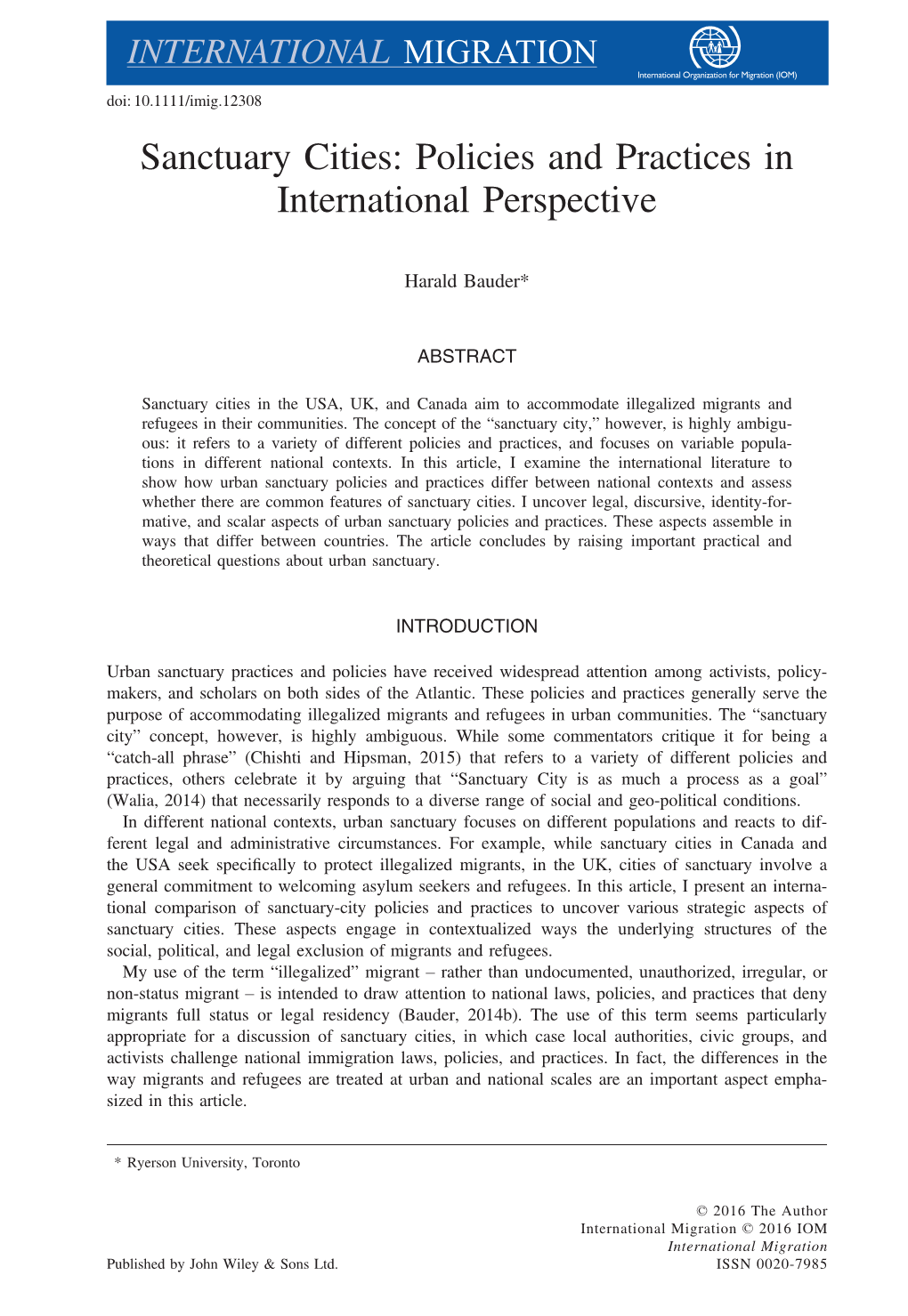 Sanctuary Cities: Policies and Practices in International Perspective