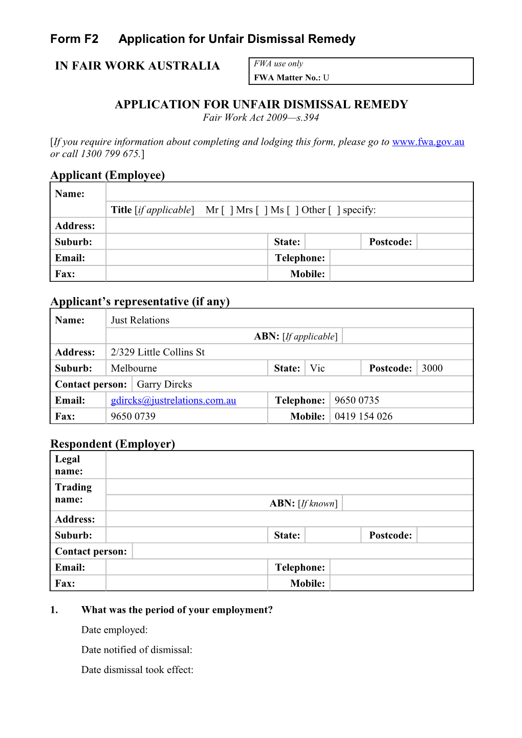 Form F2 Application for Unfair Dismissal Remedy