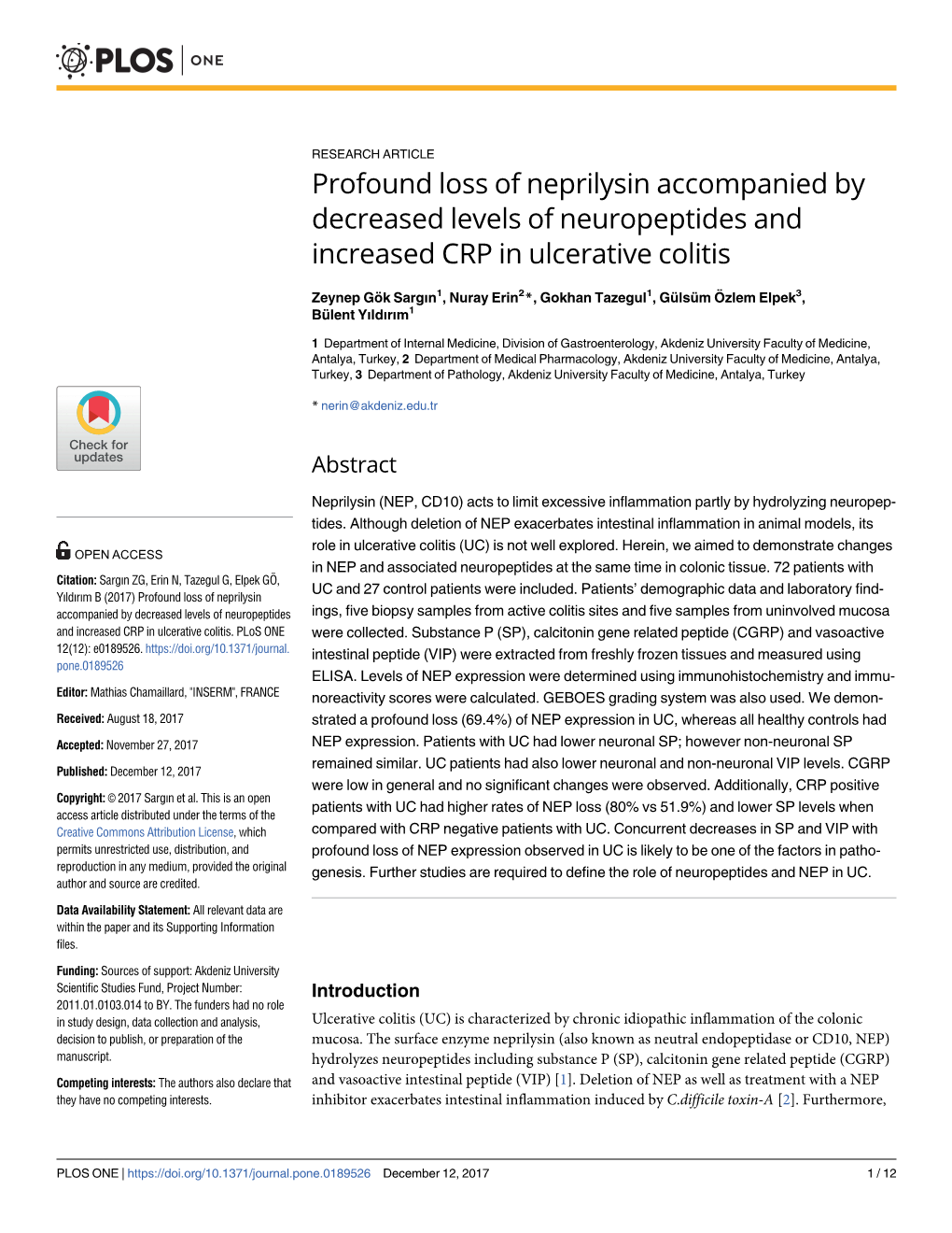 Profound Loss of Neprilysin Accompanied by Decreased Levels of Neuropeptides and Increased CRP in Ulcerative Colitis