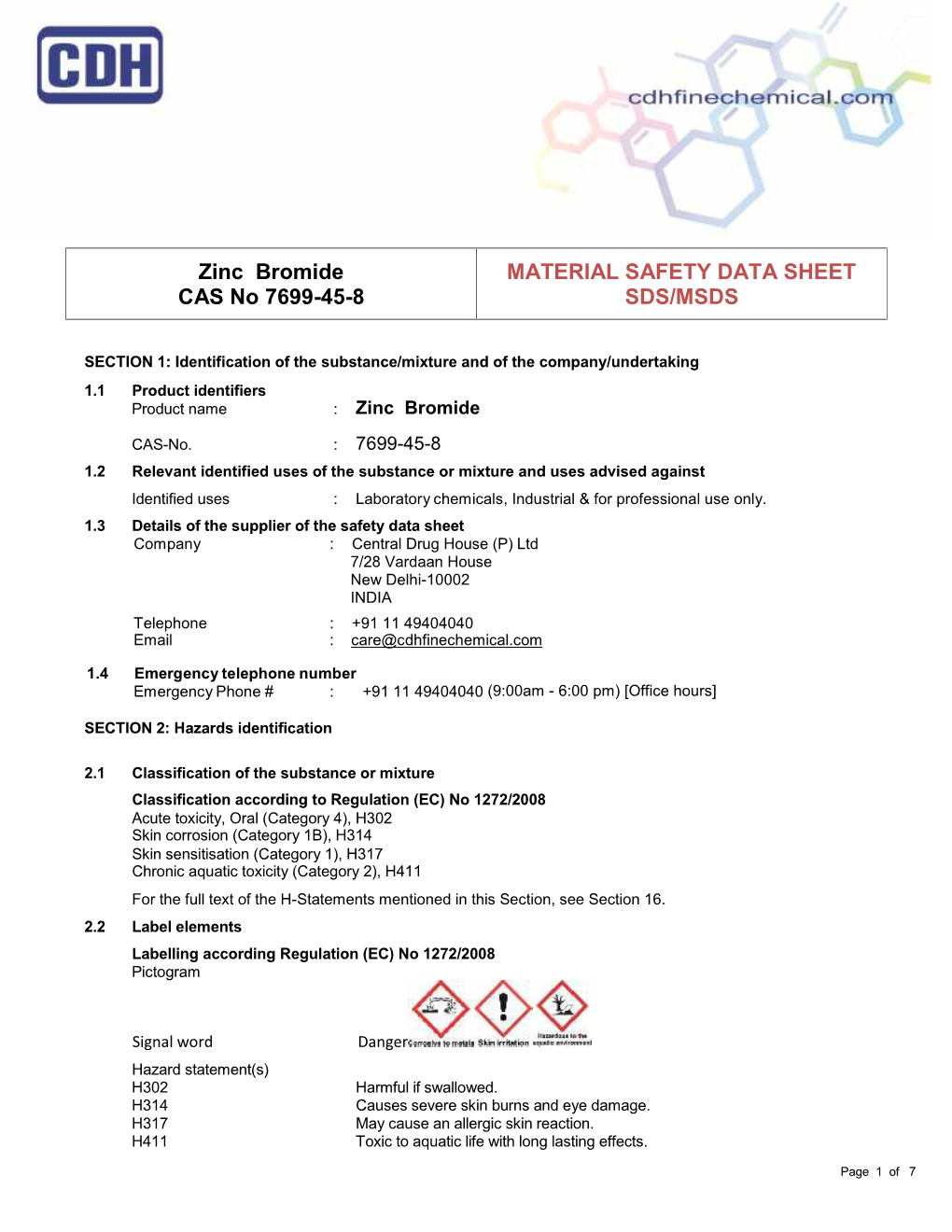 Zinc Bromide CAS No 7699-45-8 MATERIAL SAFETY DATA SHEET SDS/MSDS