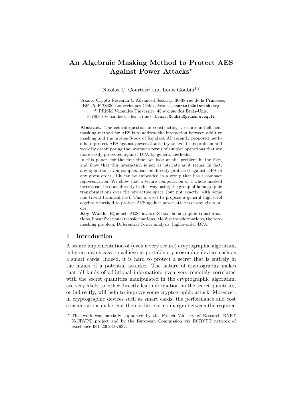 An Algebraic Masking Method to Protect AES Against Power Attacks⋆