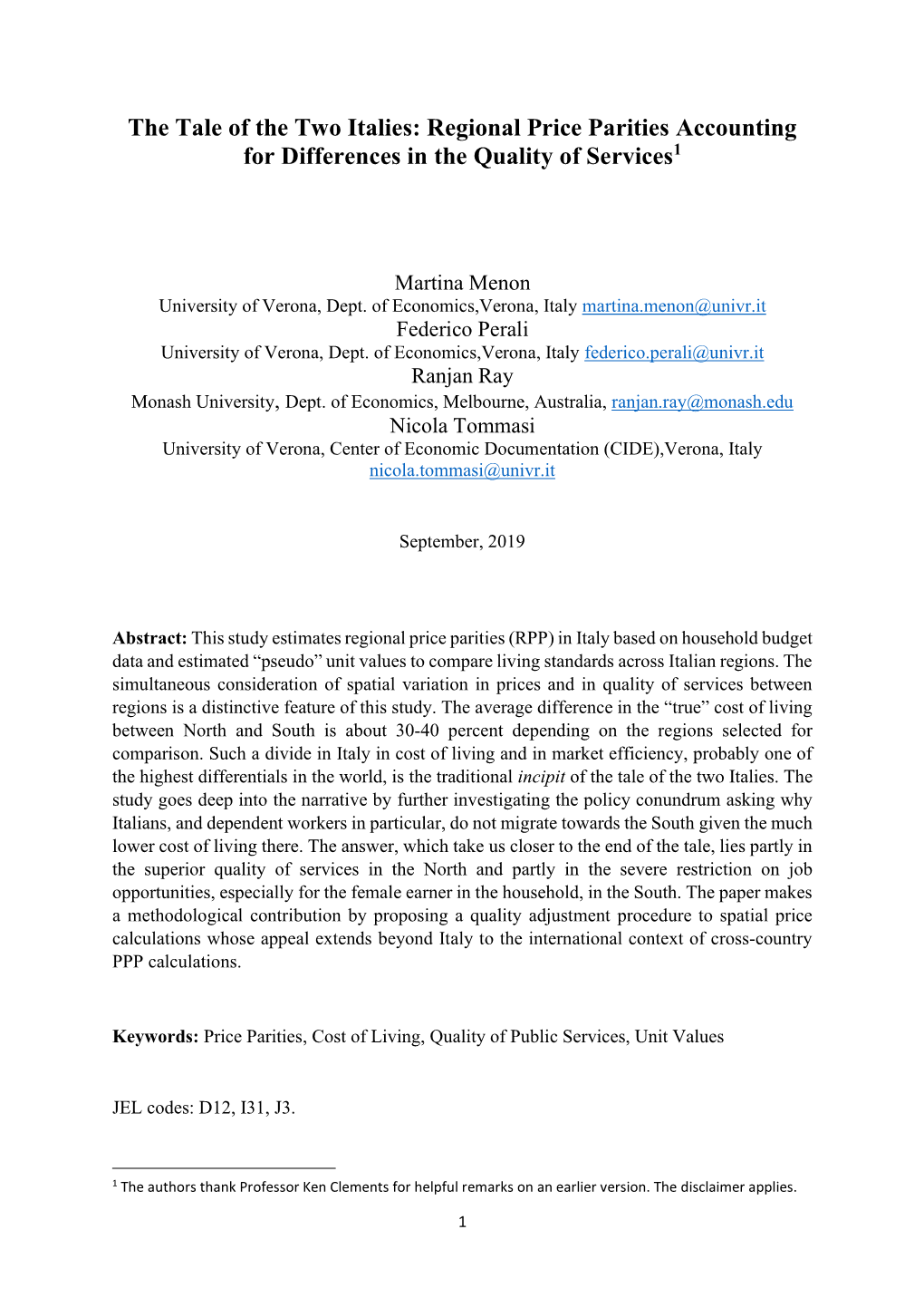 The Tale of the Two Italies: Regional Price Parities Accounting for Differences in the Quality of Services1