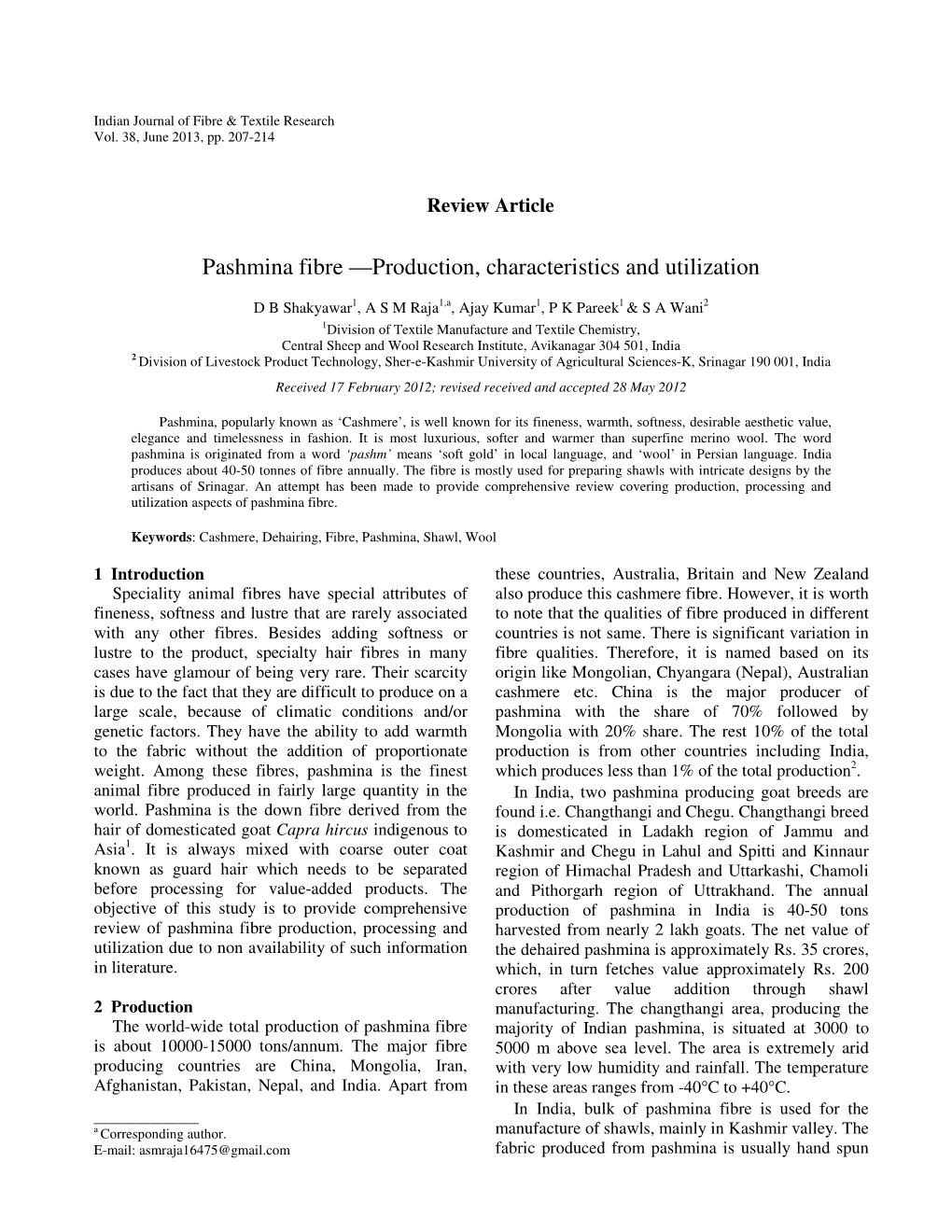 Pashmina Fibre —Production, Characteristics and Utilization