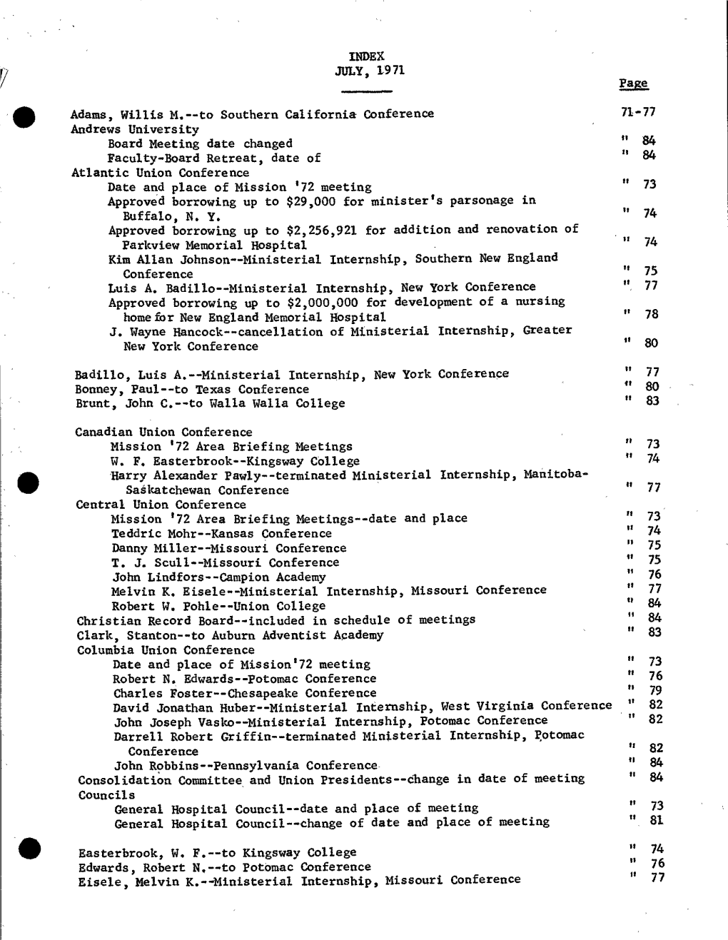 INDEX JULY, 1971 Adams, Willis M.--To Southern California