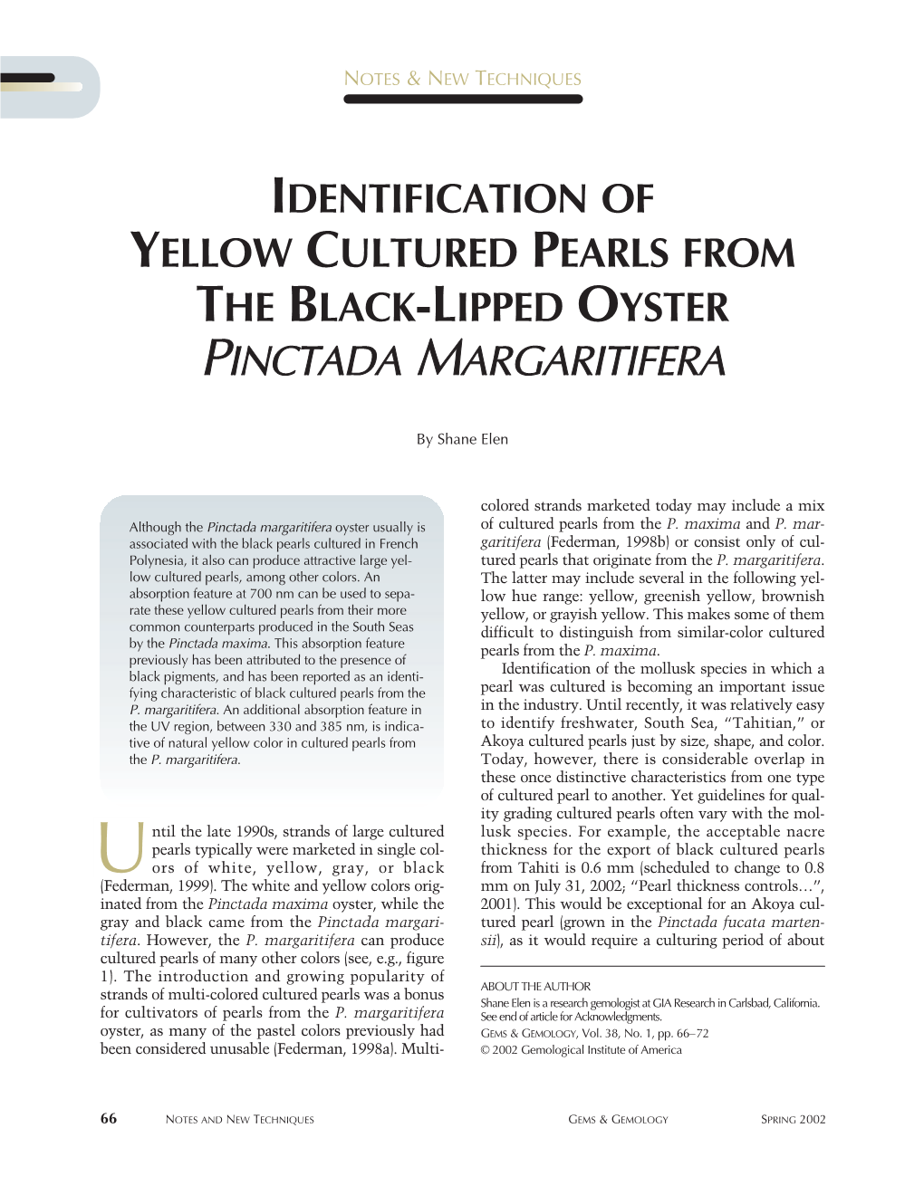 Identification of Yellow Cultured Pearls from the Black-Lipped Oyster Pinctada Margaritifera