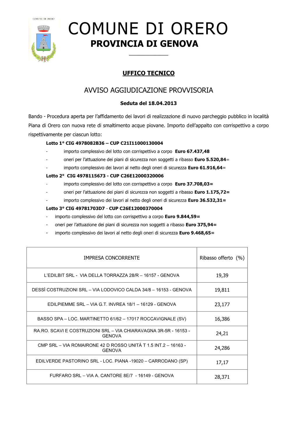 Comune Di Orero Provincia Di Genova ______