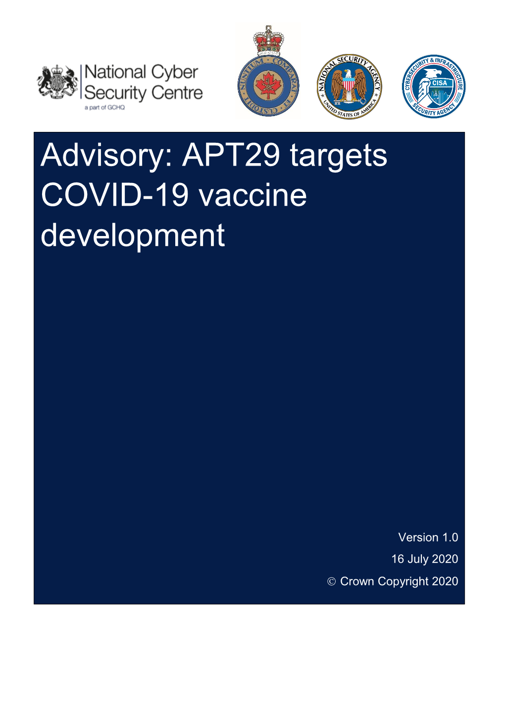 Advisory: APT29 Targets COVID-19 Vaccine Development