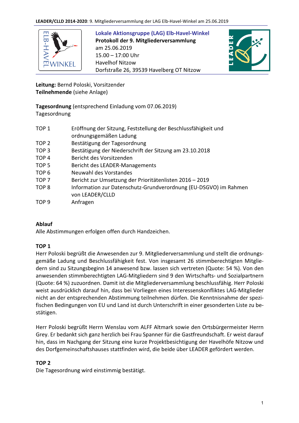 Leitung: Bernd Poloski, Vorsitzender Teilnehmende (Siehe Anlage) Tagesordnung (Entsprechend Einladung Vom 07.06.2019) Tagesordnu