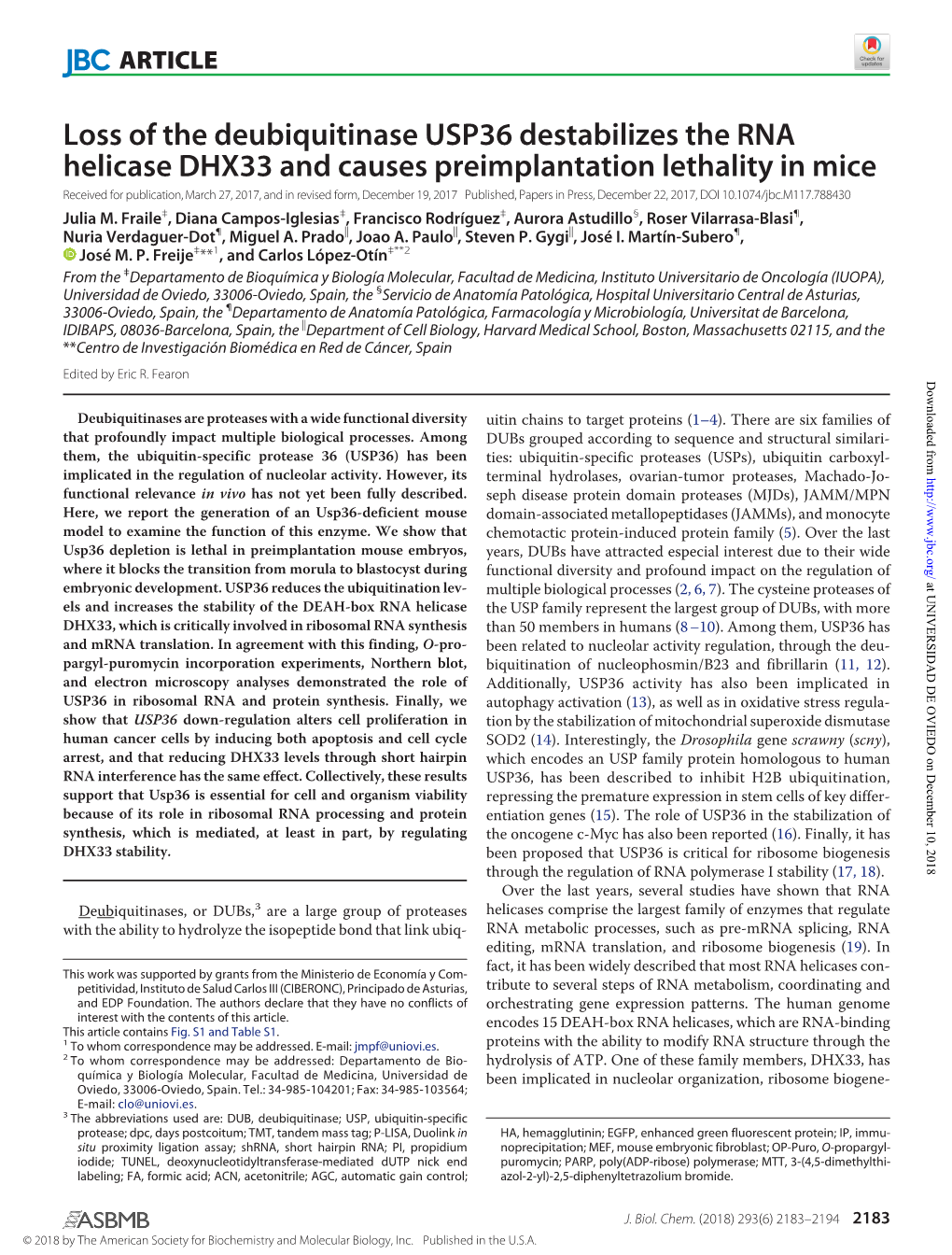 Loss of the Deubiquitinase USP36 Destabilizes the RNA Helicase