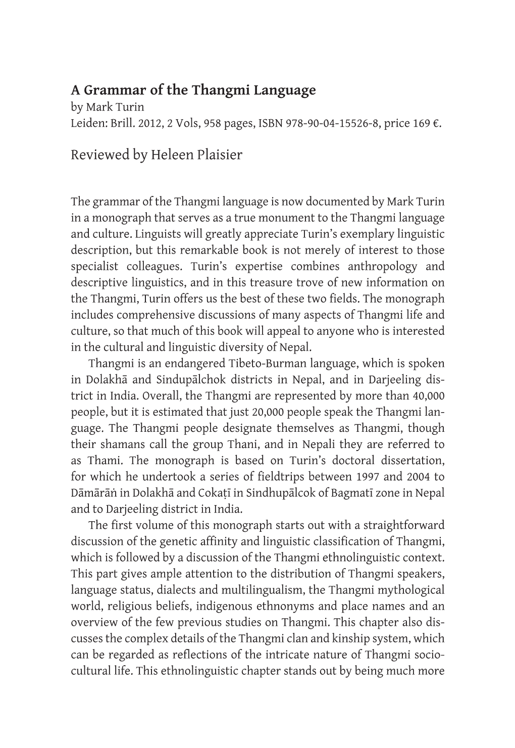 A Grammar of the Thangmi Language