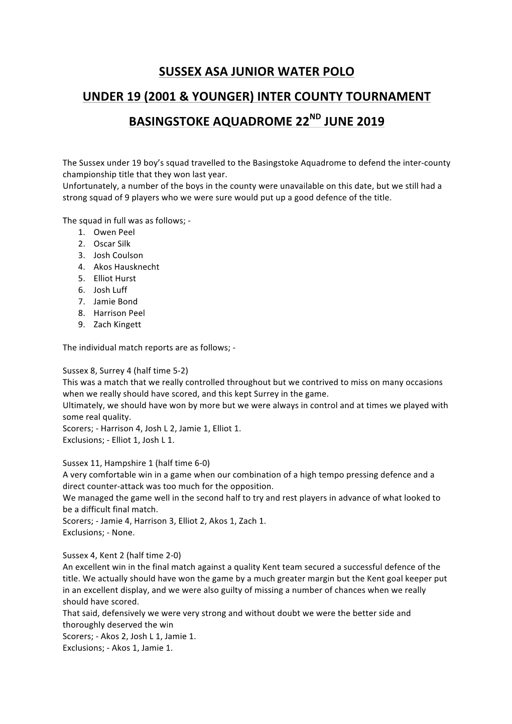 Inter County Tournament Basingstoke Aquadrome 22Nd June 2019