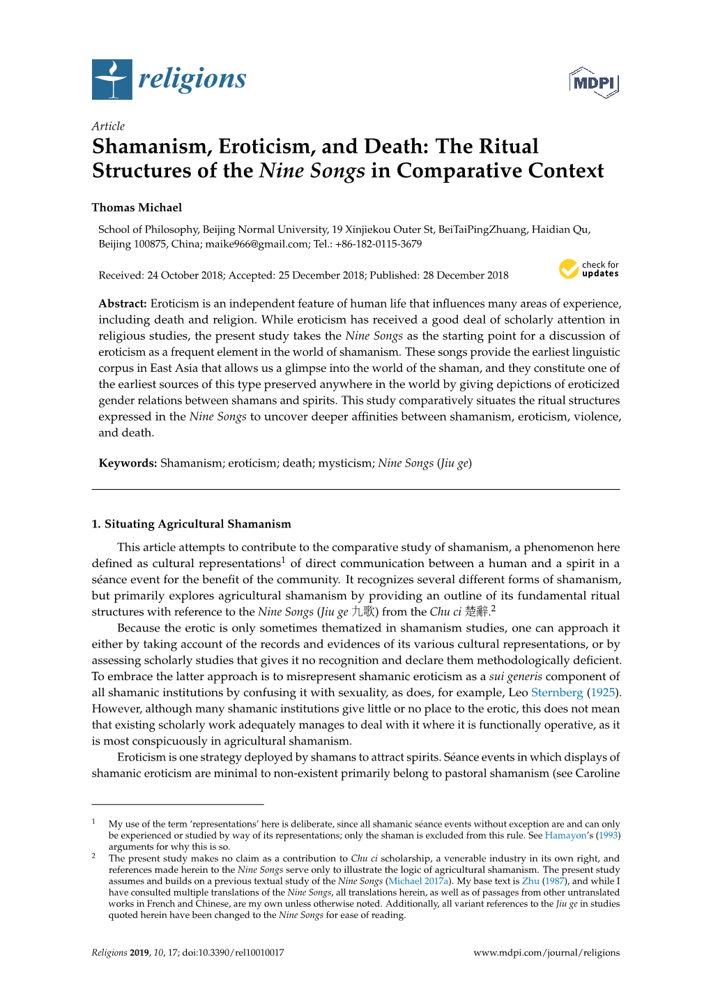 Shamanism, Eroticism, and Death: the Ritual Structures of the Nine Songs in Comparative Context