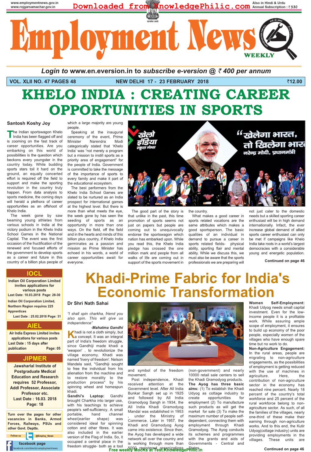 KHELO INDIA : CREATING CAREER OPPORTUNITIES in SPORTS Santosh Koshy Joy Which a Large Majority Are Young People