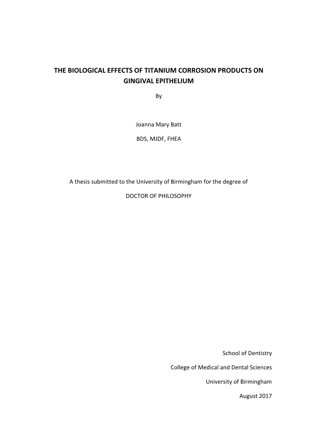 The Biological Effects of Titanium Corrosion Products on Gingival Epithelium