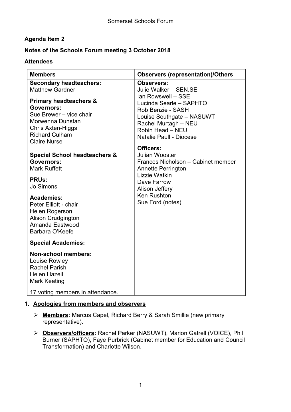 Somerset Schools Forum 1 Agenda Item 2 Notes of the Schools Forum Meeting 3 October 2018 Attendees Members Observers (Representa