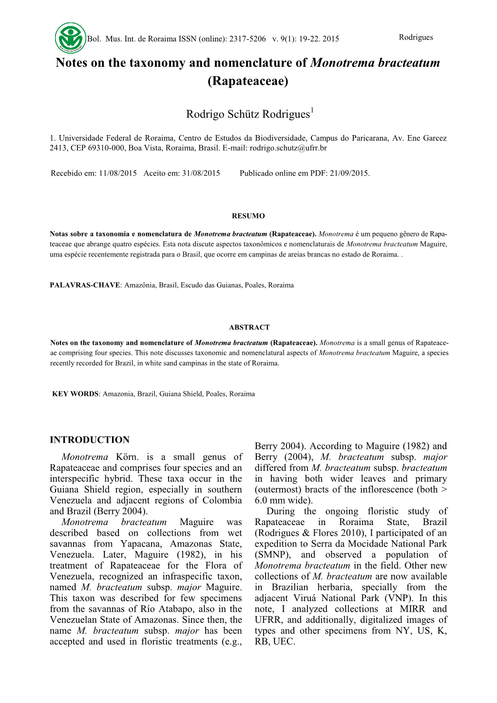 Notes on the Taxonomy and Nomenclature of Monotrema Bracteatum (Rapateaceae)