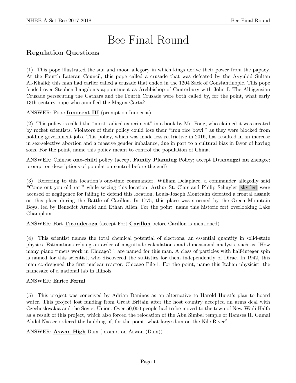 Bee Final Round Bee Final Round Regulation Questions